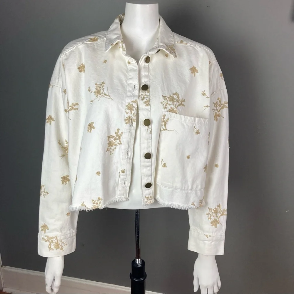 NEW Zara denim‎ jacket jean shirt white metallic floral embroidery extra small